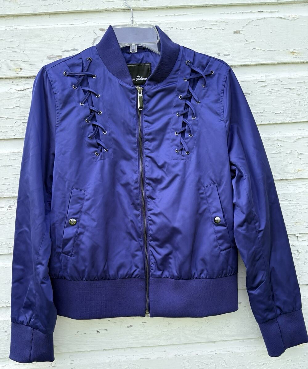 Sam Edelman Moto Jacket Bomber Satin Womens M Blue Full Zip Lace Up